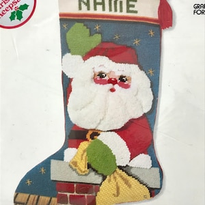 70s Santa on a Rooftop Needlepoint Christmas Stocking Kit, Christmas Home Decor Vintage Stitch Kit