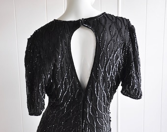 90s Goth Black Sequin Keyhole Dress w/ Feather/Teardrop Pattern, Size M, Disco/Flapper/Goth/Wiccan/Dita von Teese/Burlesque