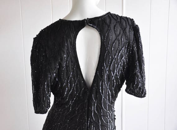 90s Goth Black Sequin Keyhole Dress w/ Feather/Tea