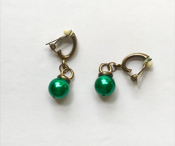80s Emerald Ball Brass Clip-on Earrings, Rockabil… - image 2