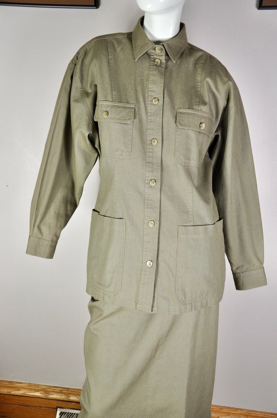 80s Military Green Skirt Suit, 100% Cotton, Vintag