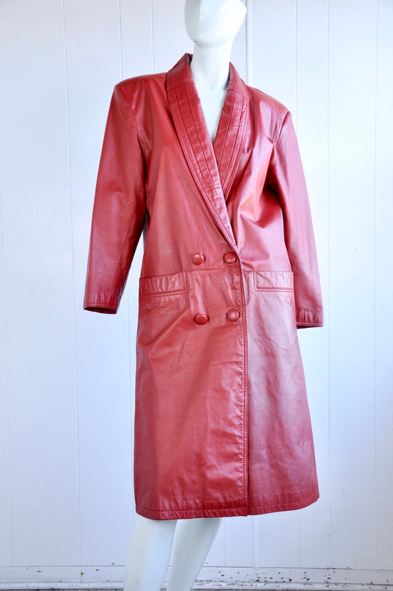 80s Lipstick Red Leather Trench Coat, Size Small,… - image 2