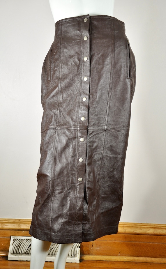 80s Brown Leather Button Calf-Length Skirt, Size 1