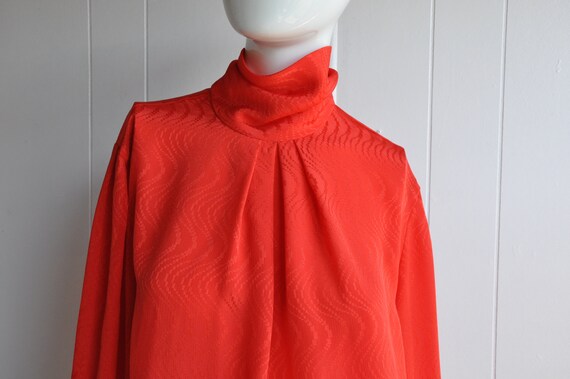 70s Red Secretary Blouse W/ Collar Pleats, Mock / Cowl Neck, Sexy 
