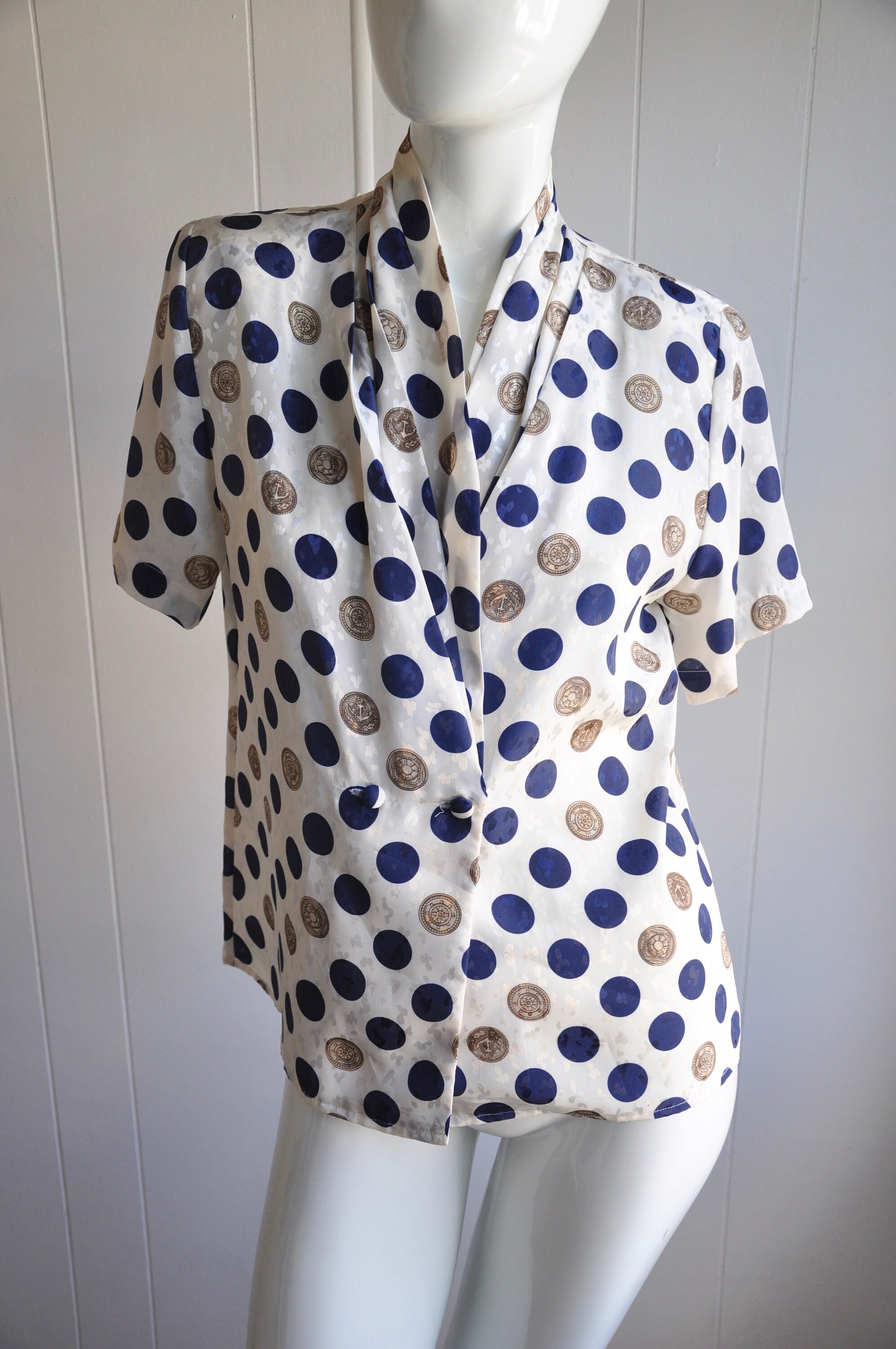 80s Polka Dot Blouse Nautical Navy Blue and Gold W/ Anchors - Etsy