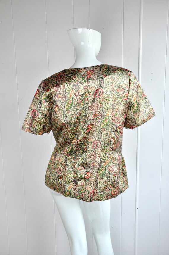 80s Metallic Gold Rainbow  Paisley Blouse w/ Chun… - image 5