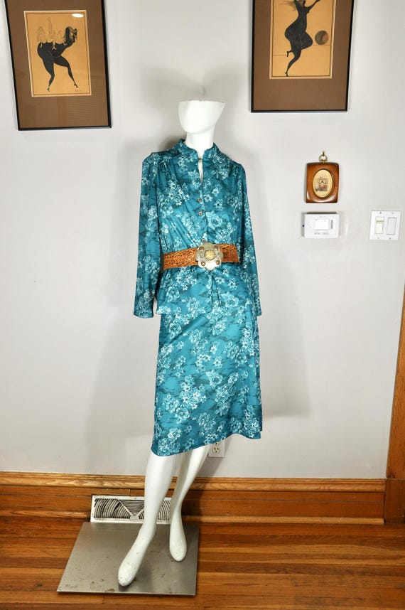70s Teal Floral Cheongsam Skirt Suit, Marti Petite, Size S