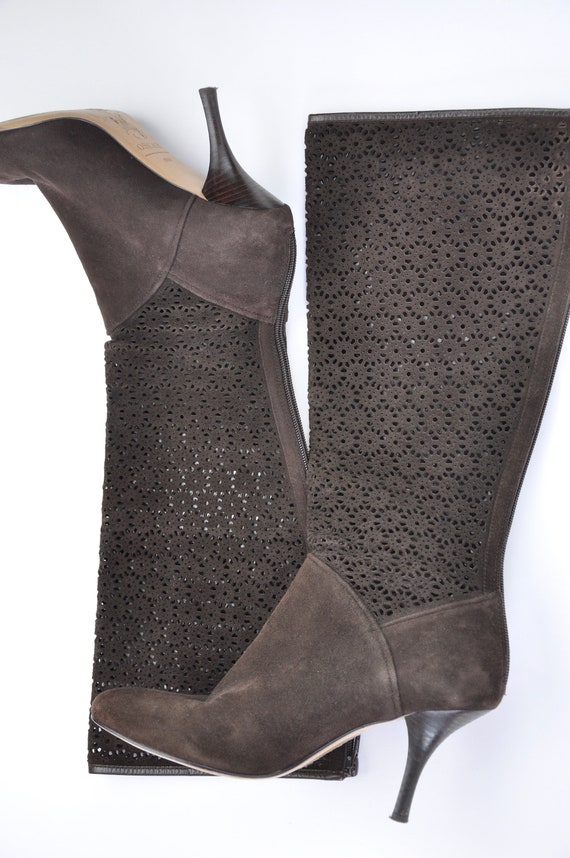 Y2K Oscar De La Renta Cut out Brown Vegan Go go Boots Size 8.5M