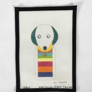 Vintage Hand-painted Dog w/ Collar Needlepoint Canvas, "Freckles" Dog Spot White and Black Dog
