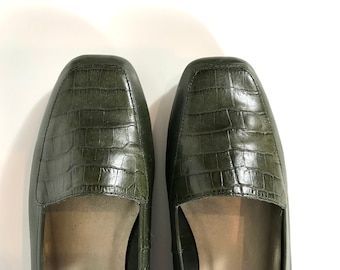 90s Forest Green Leather Loafers, Size 7W, Worthington, Made in Brazil, Comfort Slides Shoes