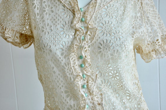 30s 40s Eyelet Cotton Flapper Wedding Dress w/ Mi… - image 1