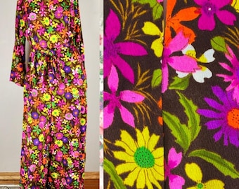 60s Psychedelic Flower Palazzo Pants Jumpsuit w/ Tie Belt, Size L, Bust 44 Waist 42 Hips 52