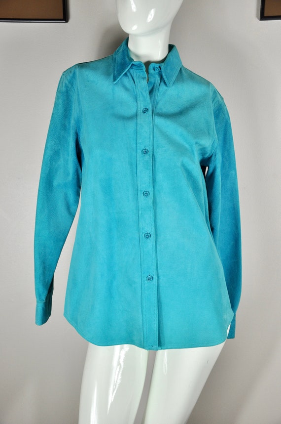 Y2K Sky Blue Turquoise Suede Button-up Blouse, Go… - image 3
