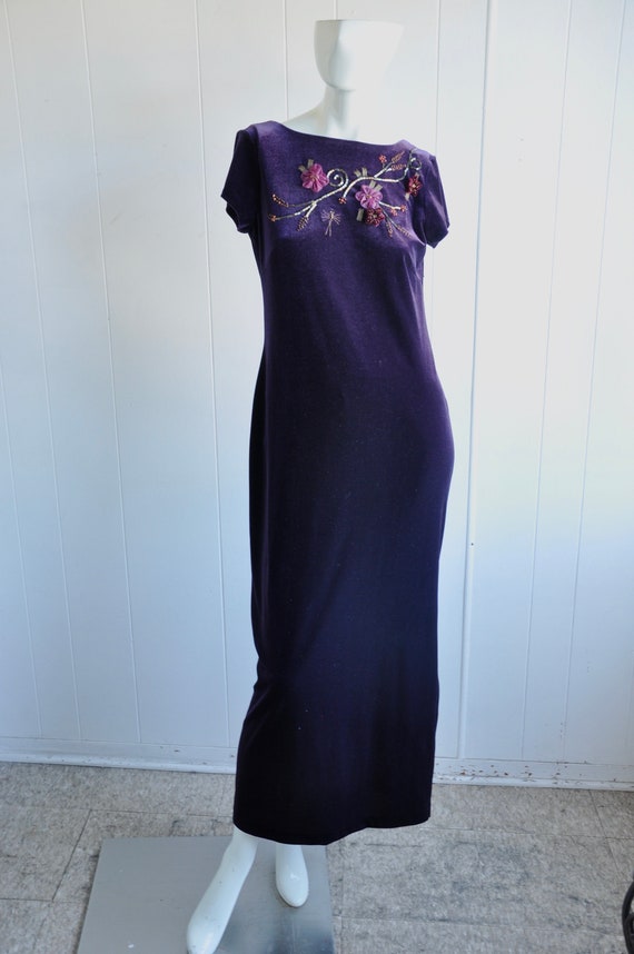 90s Y2K Purple Velvet Velour Maxi Dress w/ Keyhol… - image 7