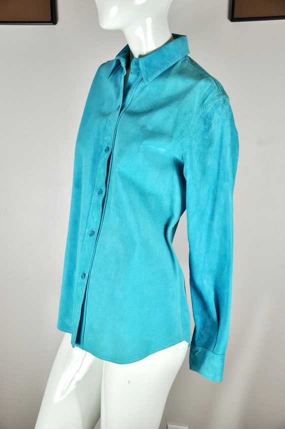 Y2K Sky Blue Turquoise Suede Button-up Blouse, Go… - image 6