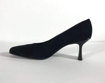 90s Stuart Weitzman Square Toe Black Suede Pumps w/ Black Lucite Plastic Heels, Size 8.5B