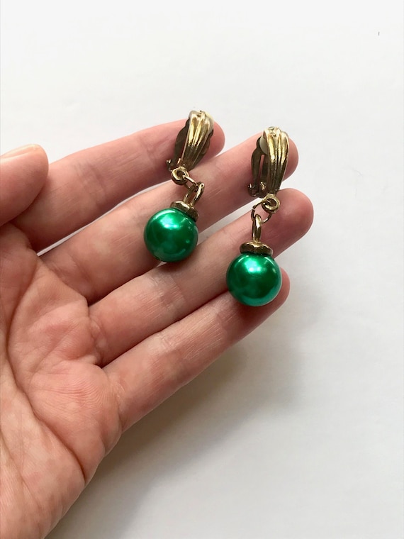 80s Emerald Ball Brass Clip-on Earrings, Rockabil… - image 1
