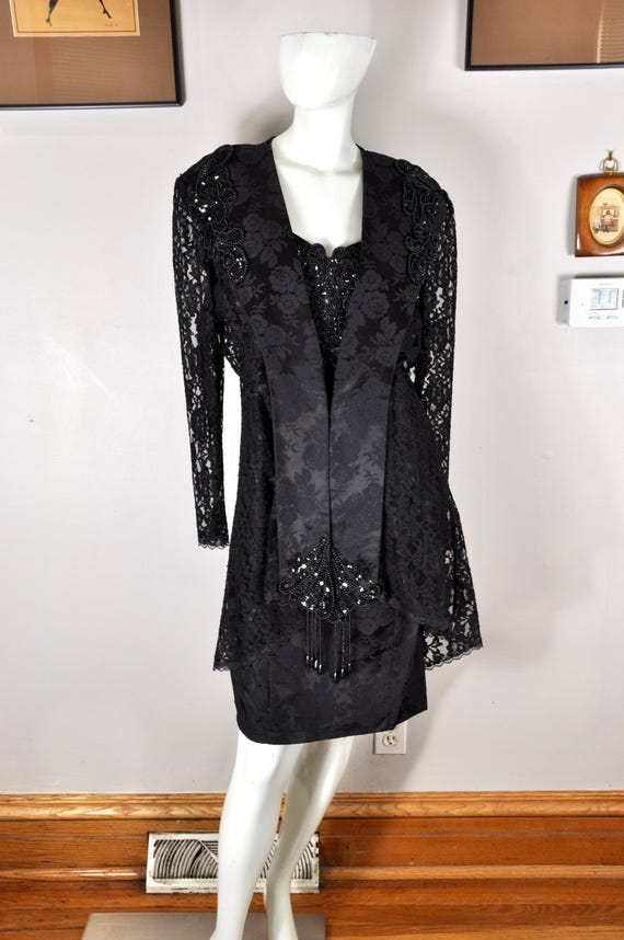 Vintage Black Lace Dress Set: Beaded Fringe Goth Victorian Jacket, Size M/L