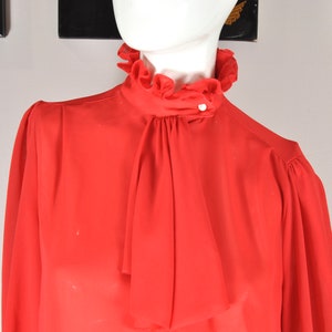70s 80s Red Ruffle Mock Neck Blouse, Size XS/S, Secretary Librarian Pinup
