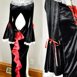 90s Velvet Elvira Dress: Bell Sleeves, Ruffle Back - Size Small/Medium