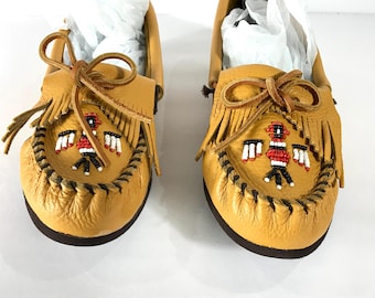 90s Mustard Yellow Leather Moccasins w/ Beads, Size 8, Dominican Republic