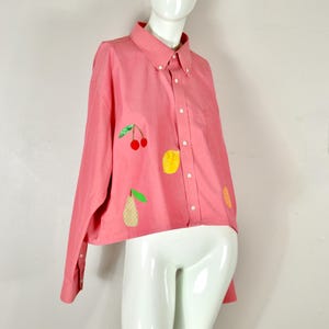 1980s Cherry Fruit Patchwork Cropped Reworked Applique Men's Shirt, Size 18.5, Nordstrom, Rockabilly 50s 40s