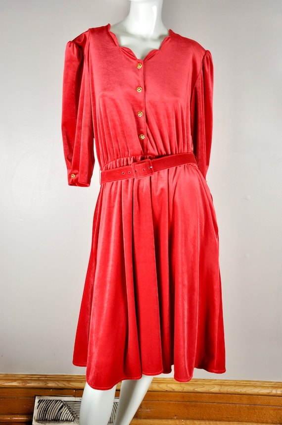 90s Red Velour Dress w/ Scalloped Neckline, Pocket