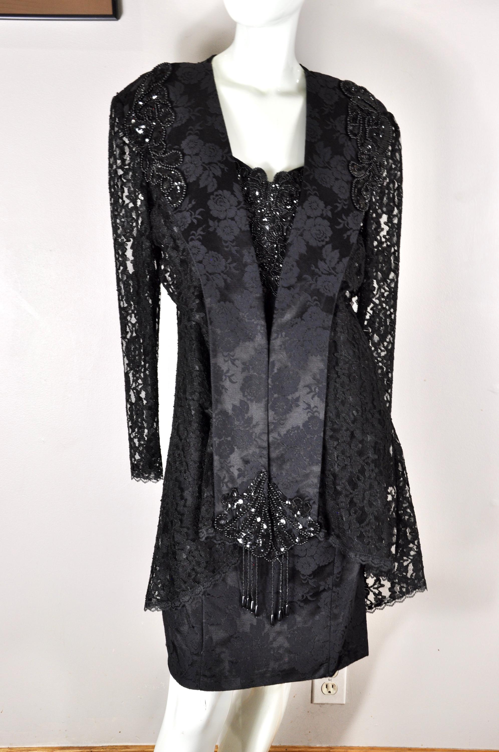 Vintage Black Lace Dress Set: Beaded Fringe Goth Victorian Jacket