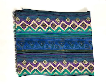 Geometric Rayon Scarf: 70s Egyptian-Style Blue Oblong Necktie