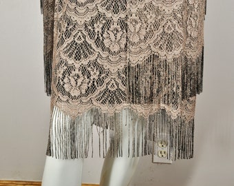 80s 20s 30s Champagne Gold Black Lace Fringe Dress and Jacket Set, Size 18 L XL Plus, Made in USA