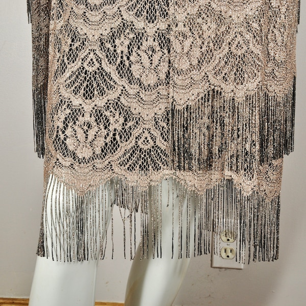 80s 20s 30s Champagne Gold Black Lace Fringe Dress and Jacket Set, Size 18 L XL Plus, Made in USA