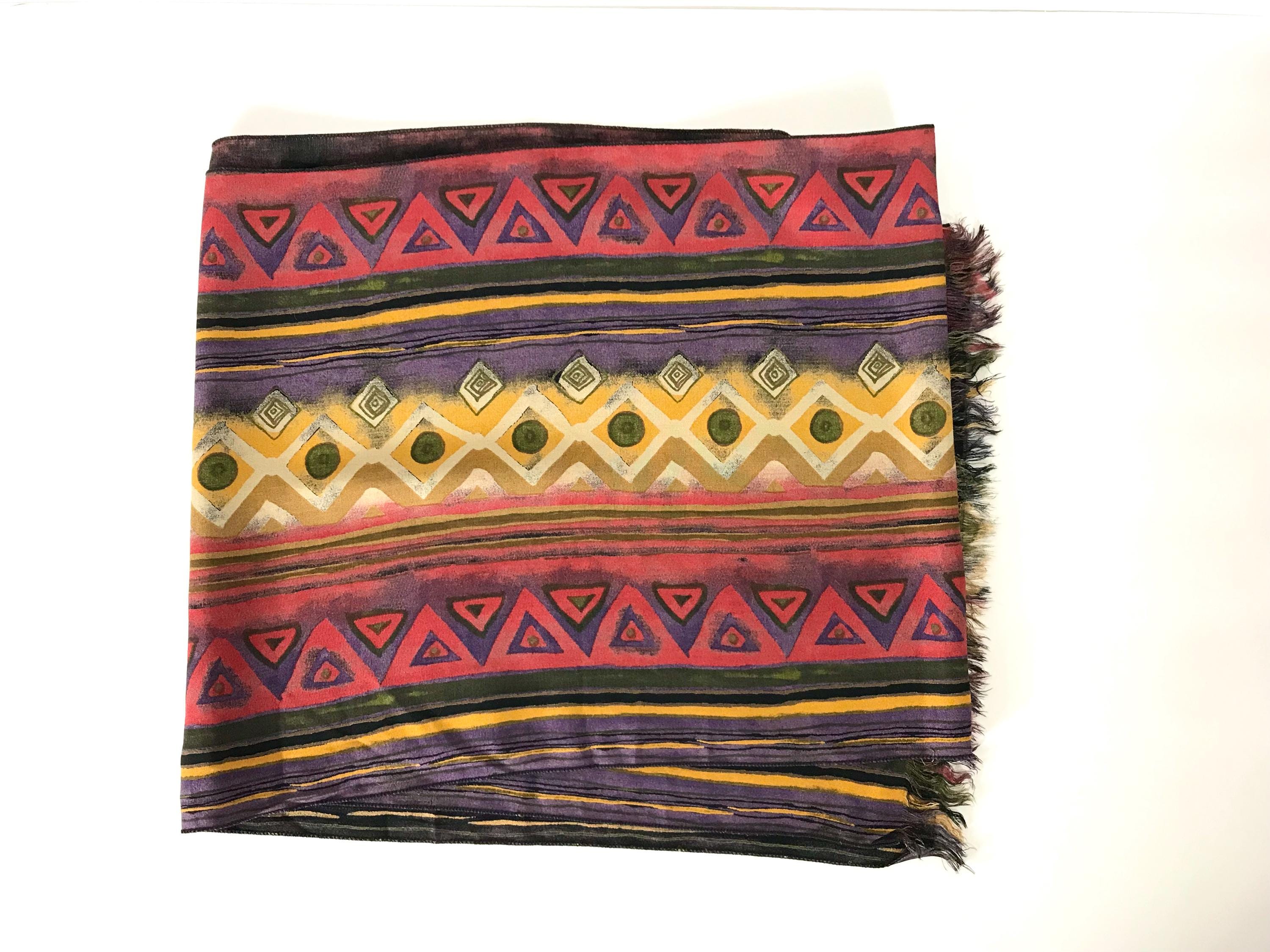 70s 80s Geometric Egyptian-style Rayon Red Tan Rayon Scarf