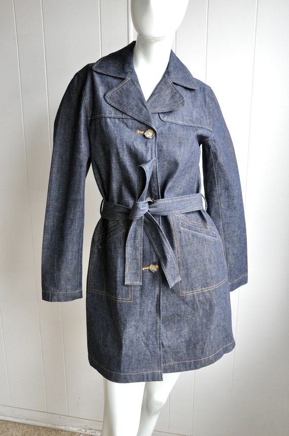 90s Denim Trench Coat, Dark-Blue Wash, Size XS/Sm… - image 1