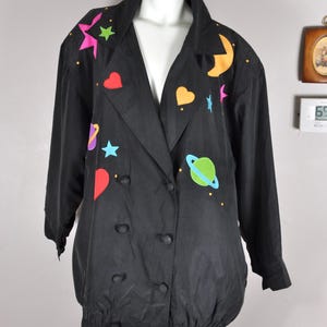 Vintage Celestial Silk Jacket, Stars Moon Saturn Hearts, August Max Woman, Size 16X, 90s Astronomy Astrology Tarot Oracle Silk Windbreaker