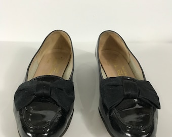 Jaren '80 Ferragamo Zwart Suede Bow Ballerina Schoenen, Maat 6.5B