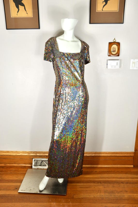 90s Holographic Sequin Maxi Dress: Y2K Niteline Della Roufogali