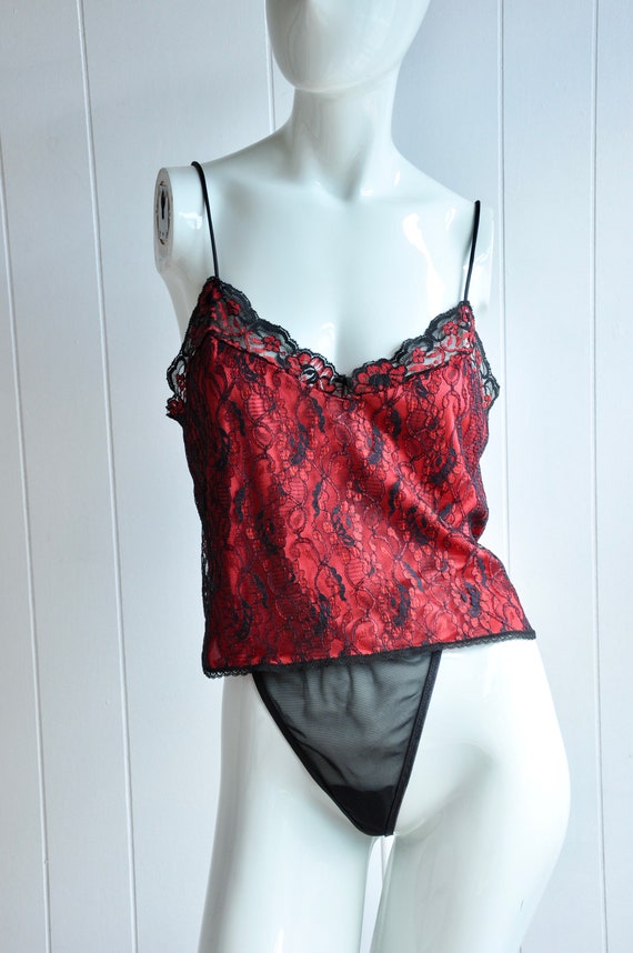 80s Vampy Babydoll Red & Black Lace Lingerie Set,
