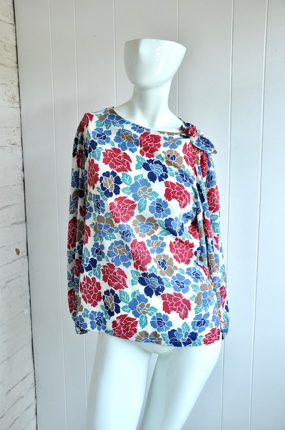 70s 80s Floral Neck Tie Semi-Sheer Blouse, Size S/