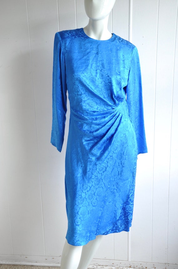 80s Blue Floral Silk Dress, Art Deco Revival, Arge