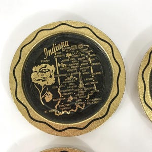 Sous-verres en métal, carte de l'État de l'Indiana des années 1960, Set de 4, décoration d'intérieur vintage articles de bar