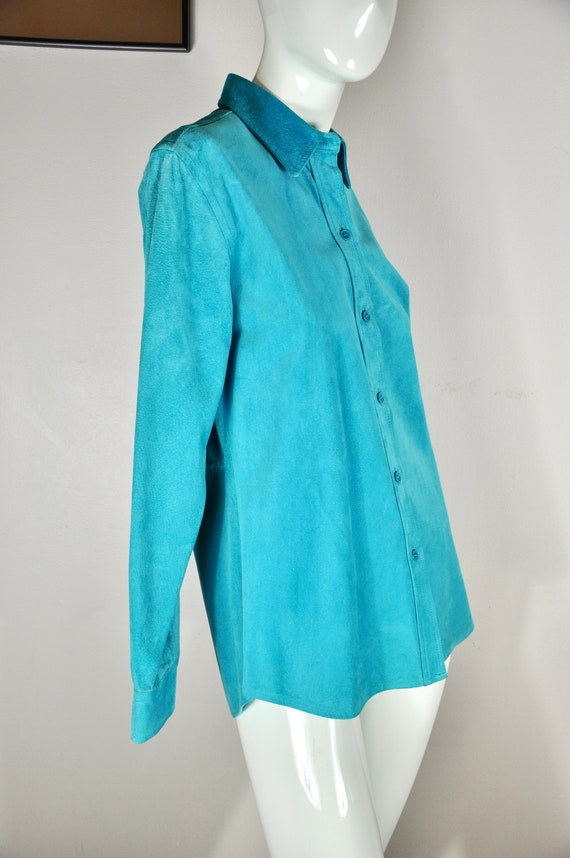 Y2K Sky Blue Turquoise Suede Button-up Blouse, Go… - image 4