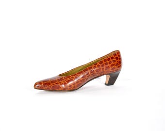 90年代 エヴァン・ピコーネ スネークスキン アリゲーター パンプス、サイズ8.5N、コニャックブラウン レザーヒール
