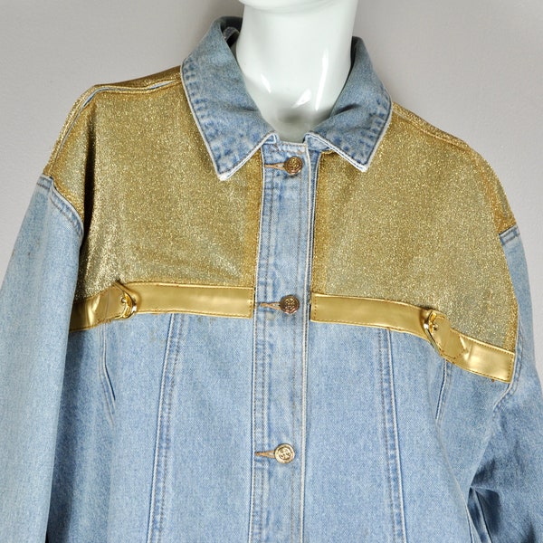 90s L.A. Blues Light-wash Denim Jacket w/ Gold Cuffs and Gold Metallic Shoulders, Size 14/16, Made in Hong Kong