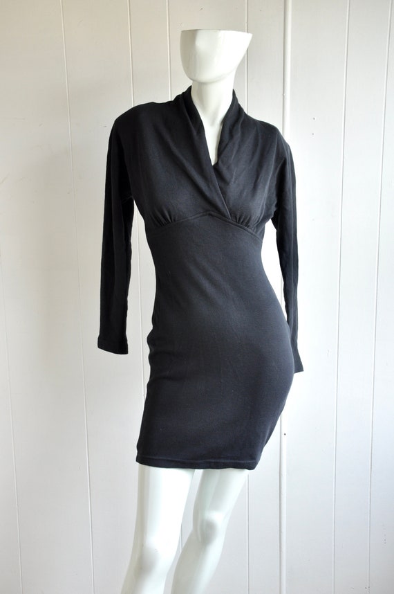 80s Black Cotton Mini Dress w/ Shoulder Pads, In … - image 1