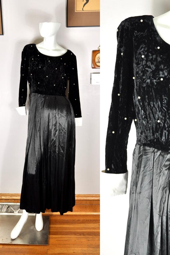 90s Black Velvet Maxi Dress: Evan Picone Goth Glam Evening Gown
