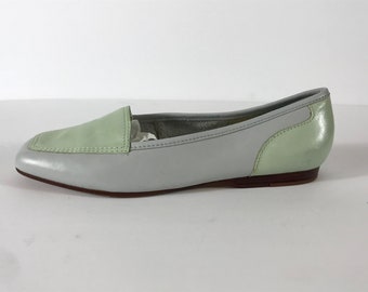 90s Mint and Gray/Blue Two-Tone Leather Loafers, Enzo Angiolini, Size 6M, Made in Brazil, Minimalist Preppy Comfortable Flats Shoes