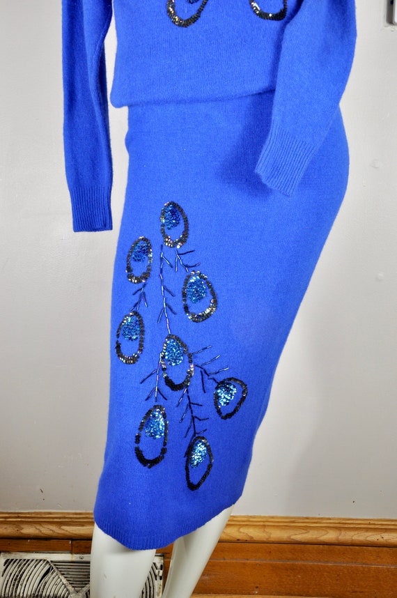 80s Royal Blue Knit Sweater Skirt Set w/ Bead and… - image 1