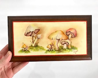 Pintura artística de hongos de los años 70, firmada, 23 x 13 cm