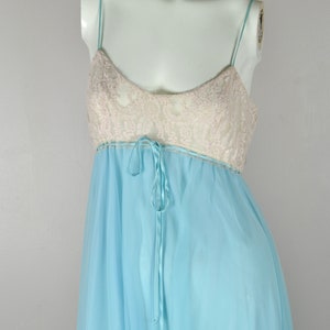 70s Sheer Powder Blue Lingerie Negligee Slip Nightgown w/ Lace Bust and Spaghetti Straps, Disco Lingerie Dress