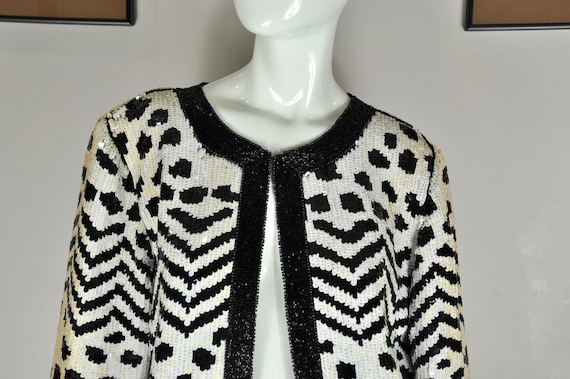 80s Black and White Sequin Jacket, Animal Spots a… - image 1